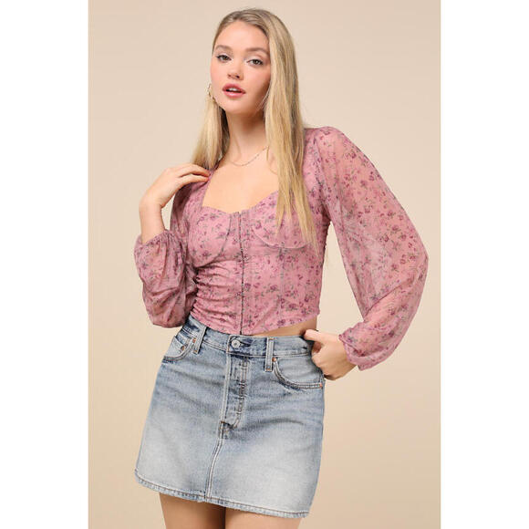 Lulus Feeling So Cute Mauve Floral Mesh Balloon Sleeve Crop Top Purple - Size M - Picture 1 of 2